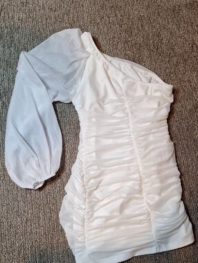 White One-Shoulder Ruched Dress with Sheer Puff Sleeve